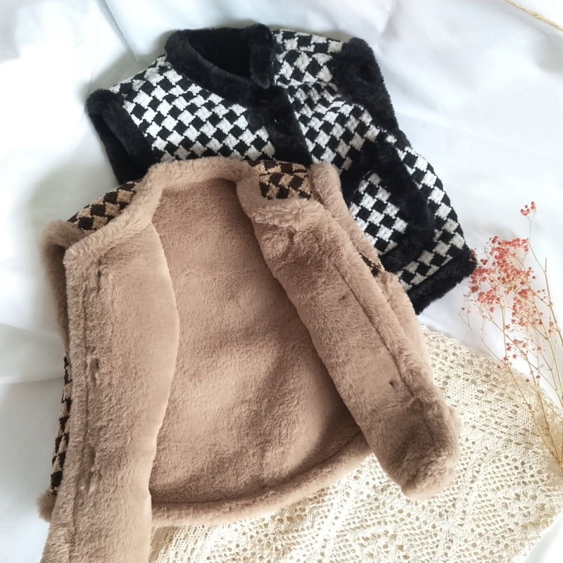 Áo khoác Gile dạ lót lông cừu cho bé gái, áo gile lông cho bé phong cách hàn quốc