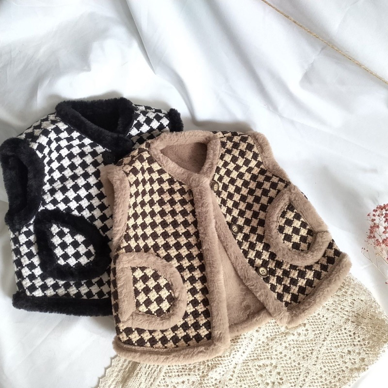 Áo khoác Gile dạ lót lông cừu cho bé gái, áo gile lông cho bé phong cách hàn quốc