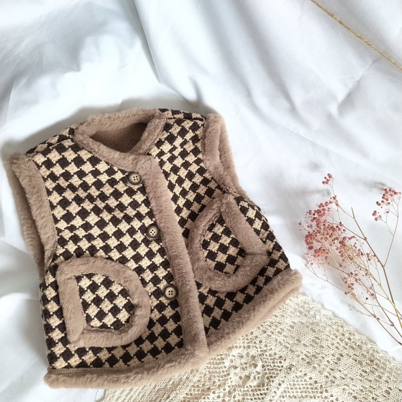 Áo khoác Gile dạ lót lông cừu cho bé gái, áo gile lông cho bé phong cách hàn quốc