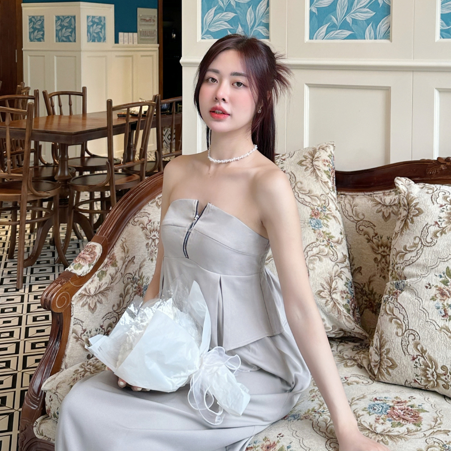 Set đồ nữ đi chơi áo peplum kèm chân váy dài xòe Sower hai lớp dây lưng chun – Mora set