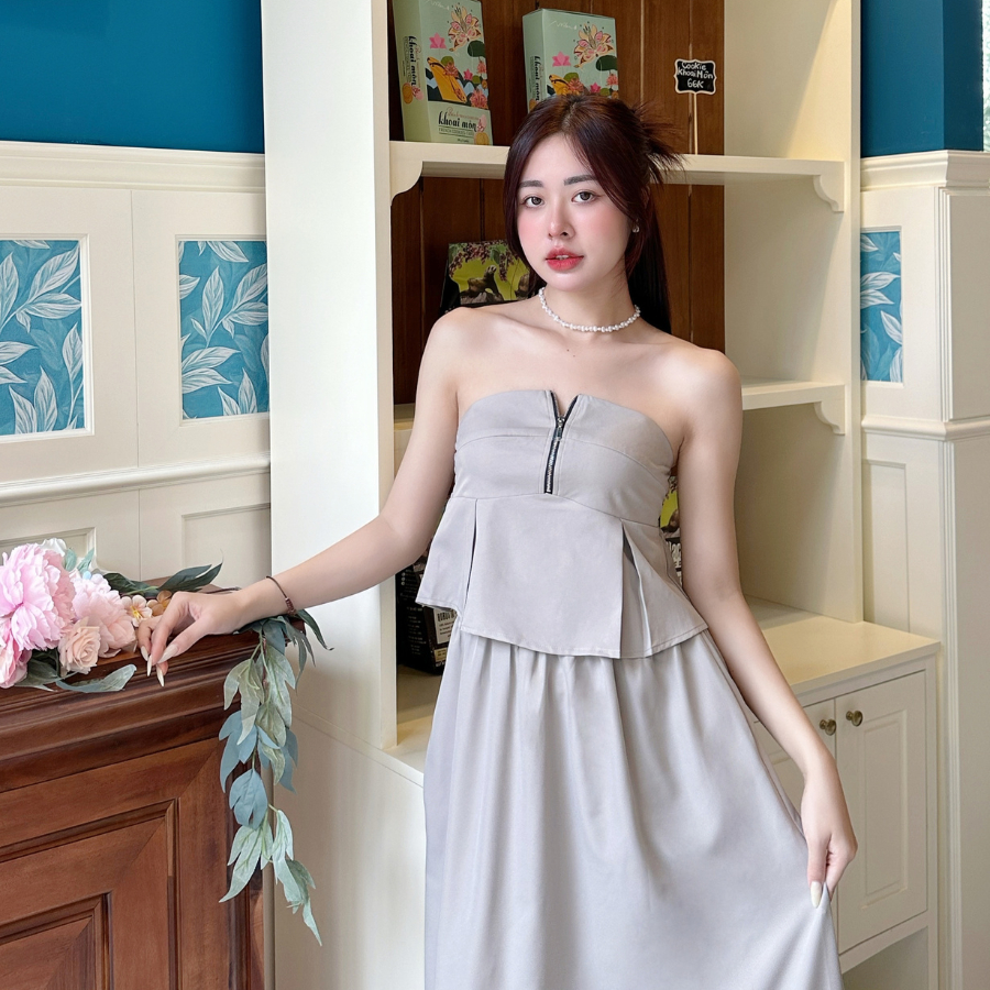Set đồ nữ đi chơi áo peplum kèm chân váy dài xòe Sower hai lớp dây lưng chun – Mora set