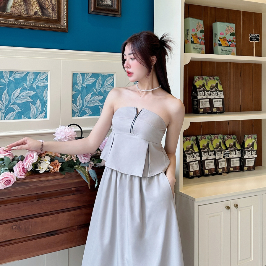 Set đồ nữ đi chơi áo peplum kèm chân váy dài xòe Sower hai lớp dây lưng chun – Mora set