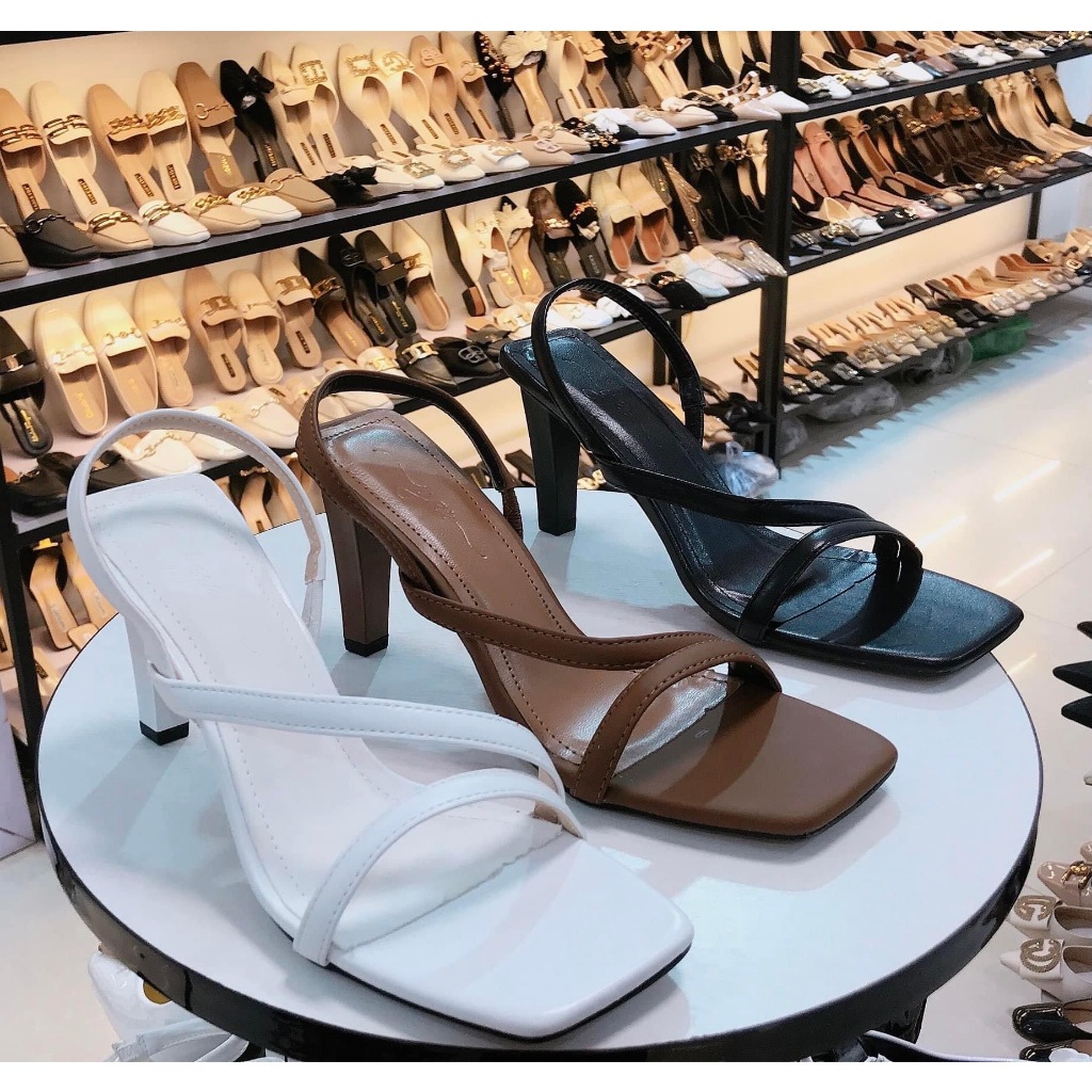 Sandal cao gót mũi vuông phối dây Hàn Quốc cao 6cm Nâu đất - Giày Bánh Bèo mã Sandal12