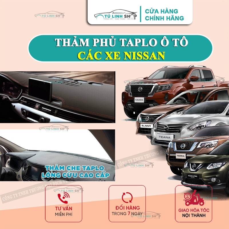 Thảm taplo Nissan Sunny, Almera, Juke, Navara, Livina, Terra, Teana, Xtrail, Tida chính hãng MINCAR hoặc bằng Nhung, Da
