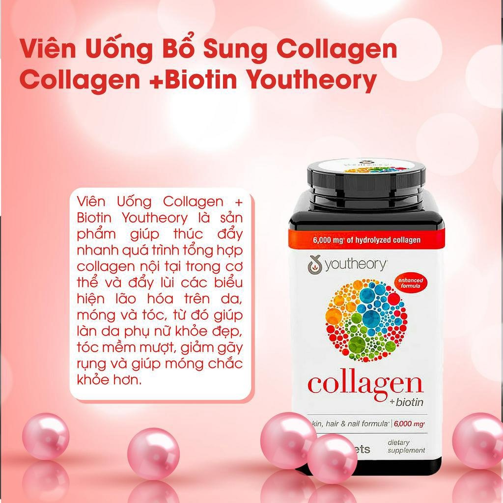 Viên uống bổ sung Collagen Kirkland Signature của Mỹ - Youtheory Collagen + Biotin 6000mg 390 Tablets