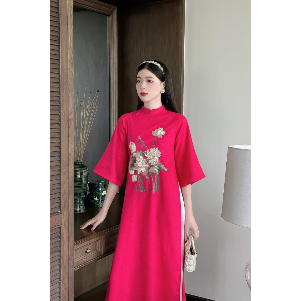 Áo dài cách tân thiết kế dáng suông chất vải linen lạ mắt phối họa tiết thêu cao cấp