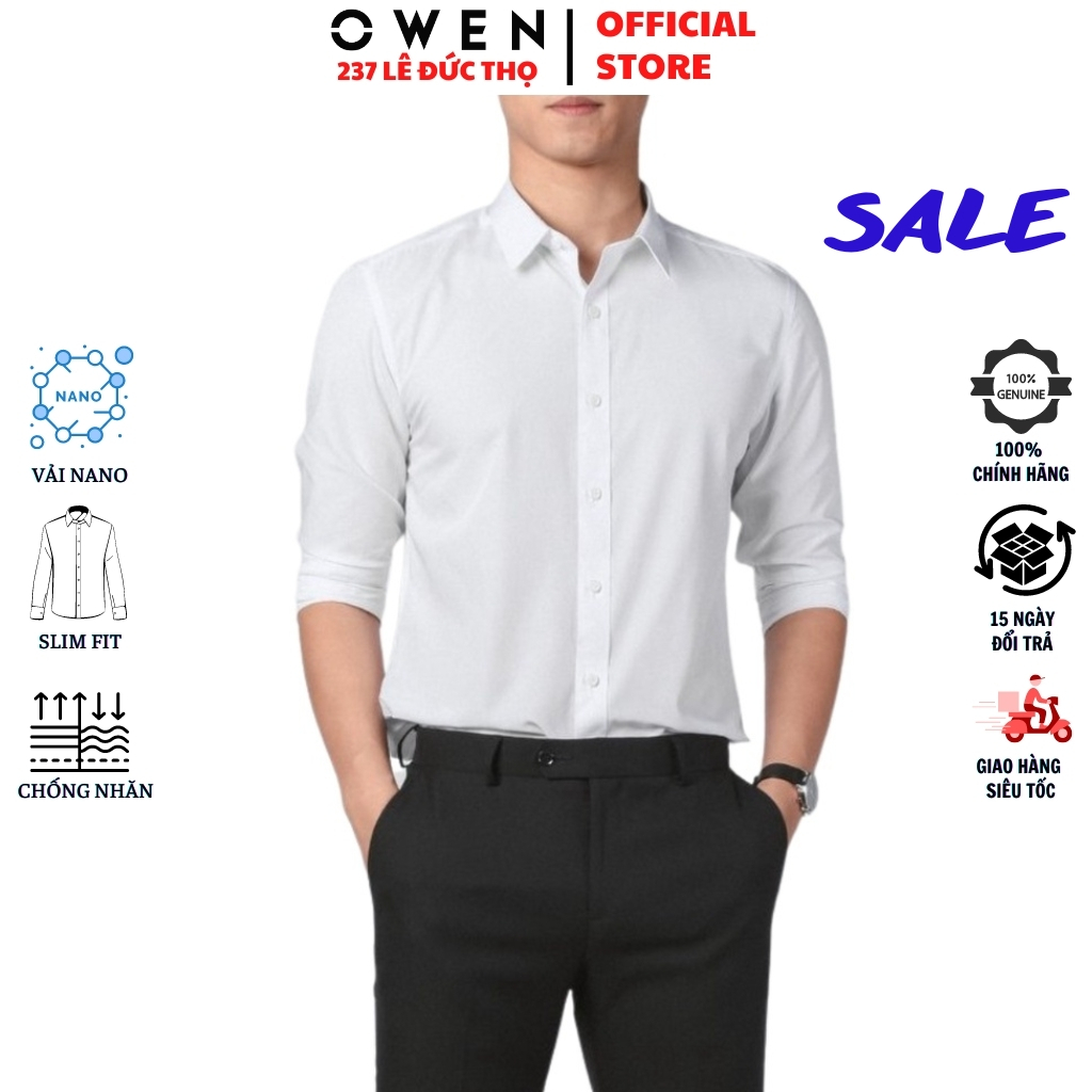 Áo sơ mi trắng trơn nam OWEN AS221196D somi công sở dài tay form slim fit tà lượn không túi chất nano cao cấp nhẹ mát