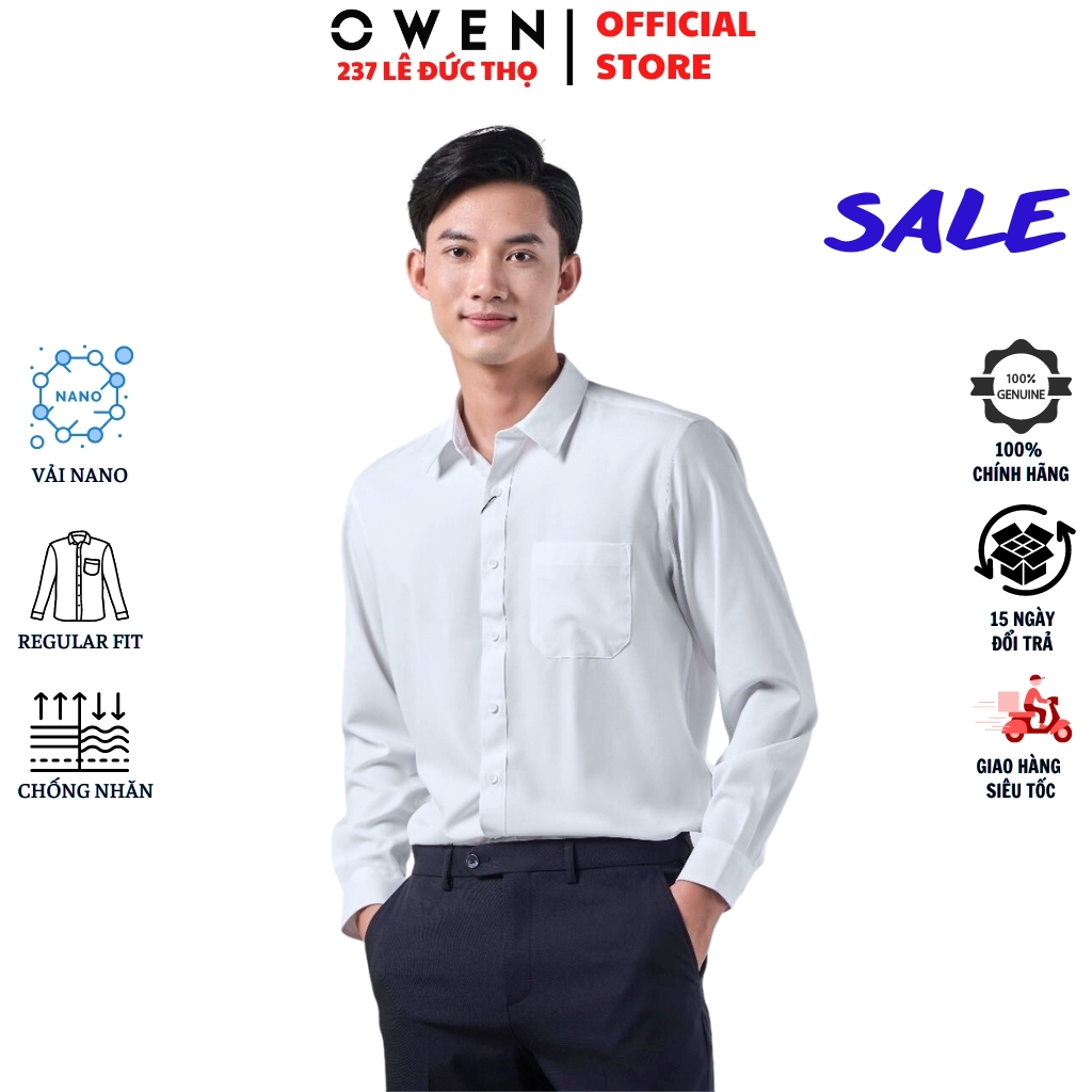 Áo sơ mi trắng trơn nam OWEN AR230315DT somi công sở dài tay form regular fit tà lượn có túi chất nano cao cấp nhẹ mát