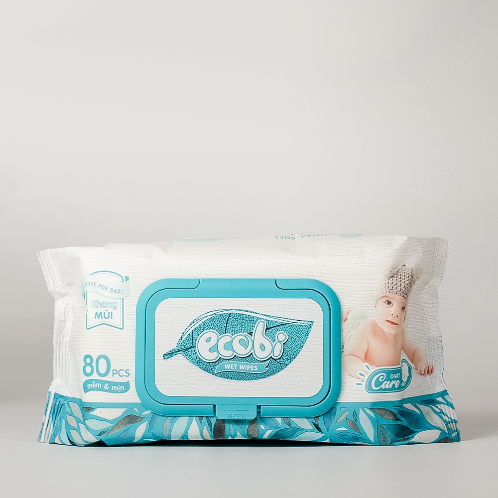 Combo 03 gói khăn giấy ướt cao cấp an toàn cho bé Ecowipes gói 80 tờ 560g không mùi không cồn không paraben