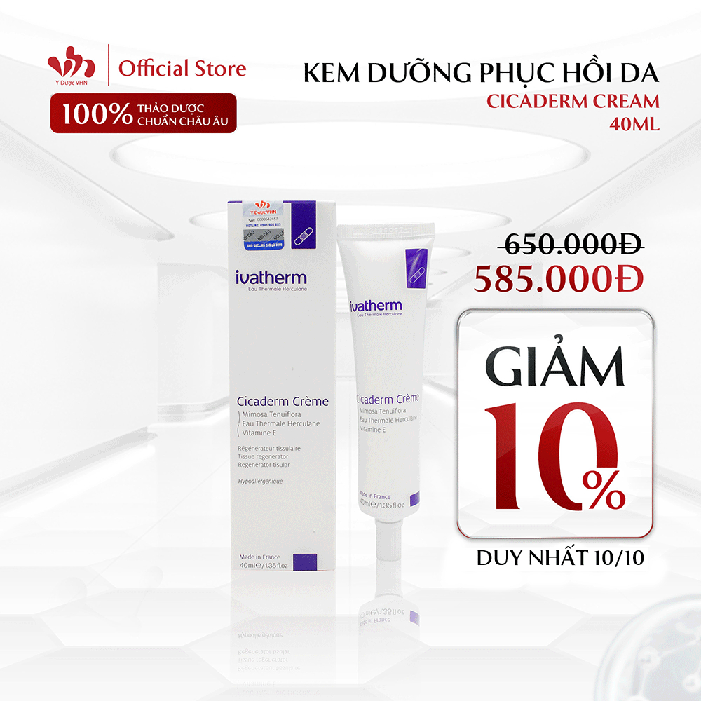 Kem Dưỡng Phục Hồi Da Cicaderm IVATHERM Giúp Làm Lành Tổn Thương, Ngăn Ngừa Hình Thành Sẹo Tuýp 40ml