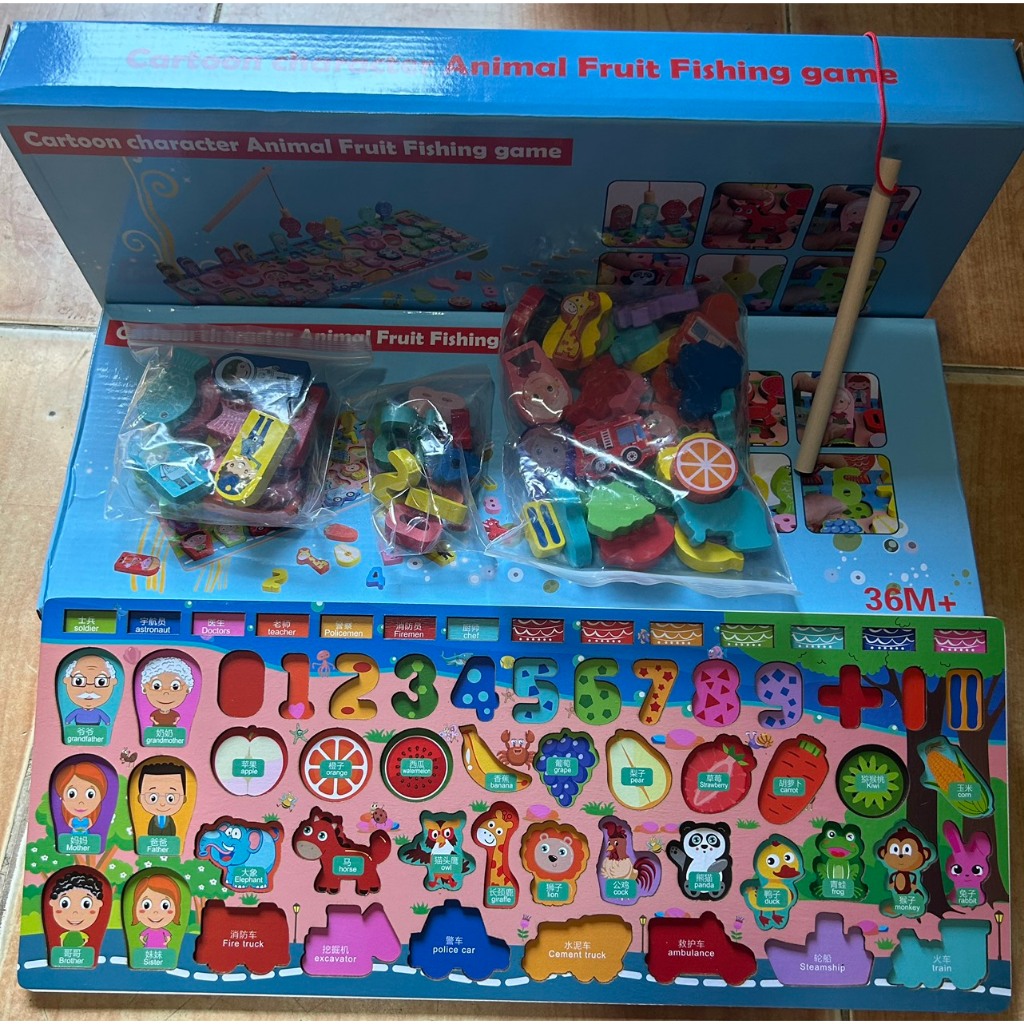 Bộ đồ chơi bảng gỗ câu cá học chữ, học số, ghép hình học động vật, trái cây đồ chơi phát nhạc