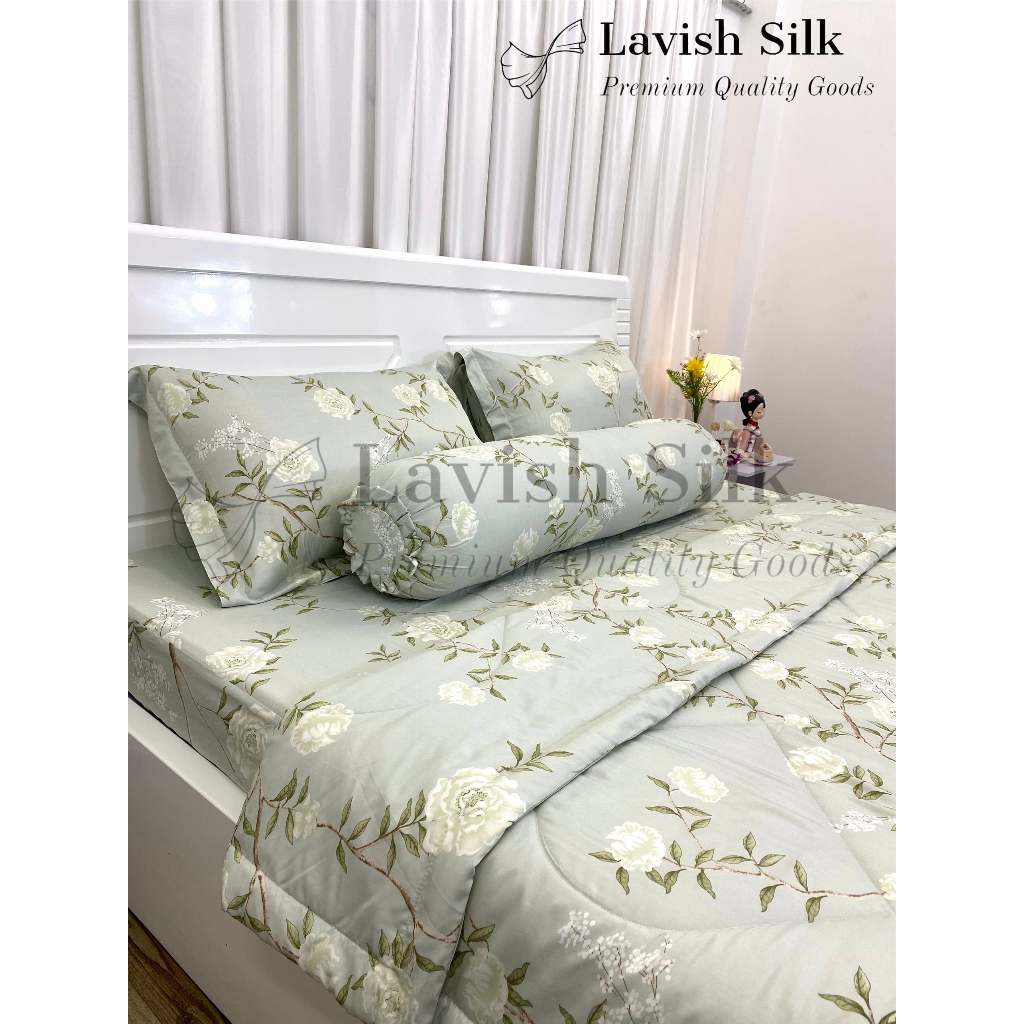 Bộ Chăn Ga Gối 5 Món Lụa Tencel LAVISH SILK kích thước 1m6x2m, 1m8x2m mát lạnh cao cấp KHÔNG NỐI VẢI