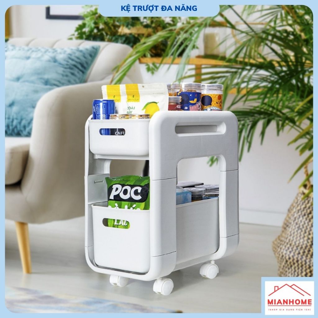 Kệ để đồ đa năng có bánh xe xoay 360 độ Hokori Việt Nhật, kệ trượt để đồ và decor phòng 2 tầng