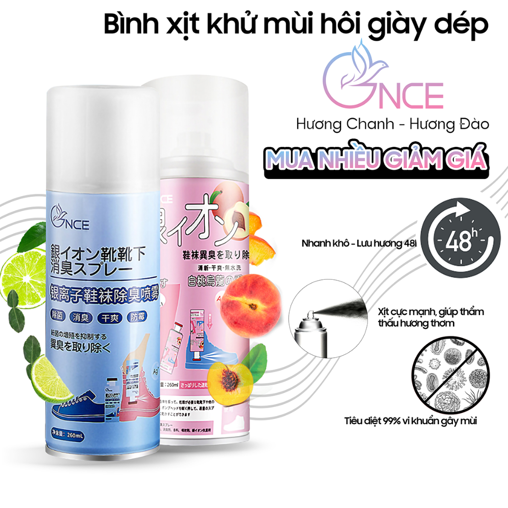 Bình xịt khử mùi hôi giày dép Ximo nano ion bạc Ag+ 1 lọ 260ml hương chanh, trái đào, dùng làm thơm tủ dầy, quần áo.