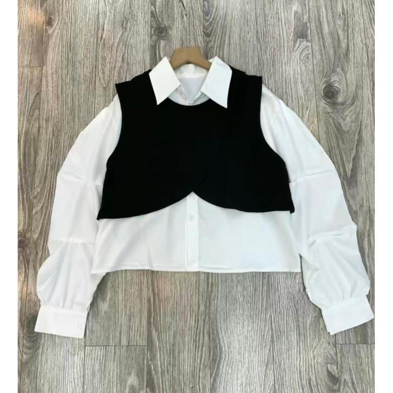 Set áo sơ mi tay dúm kèm áo gile vạt chéo