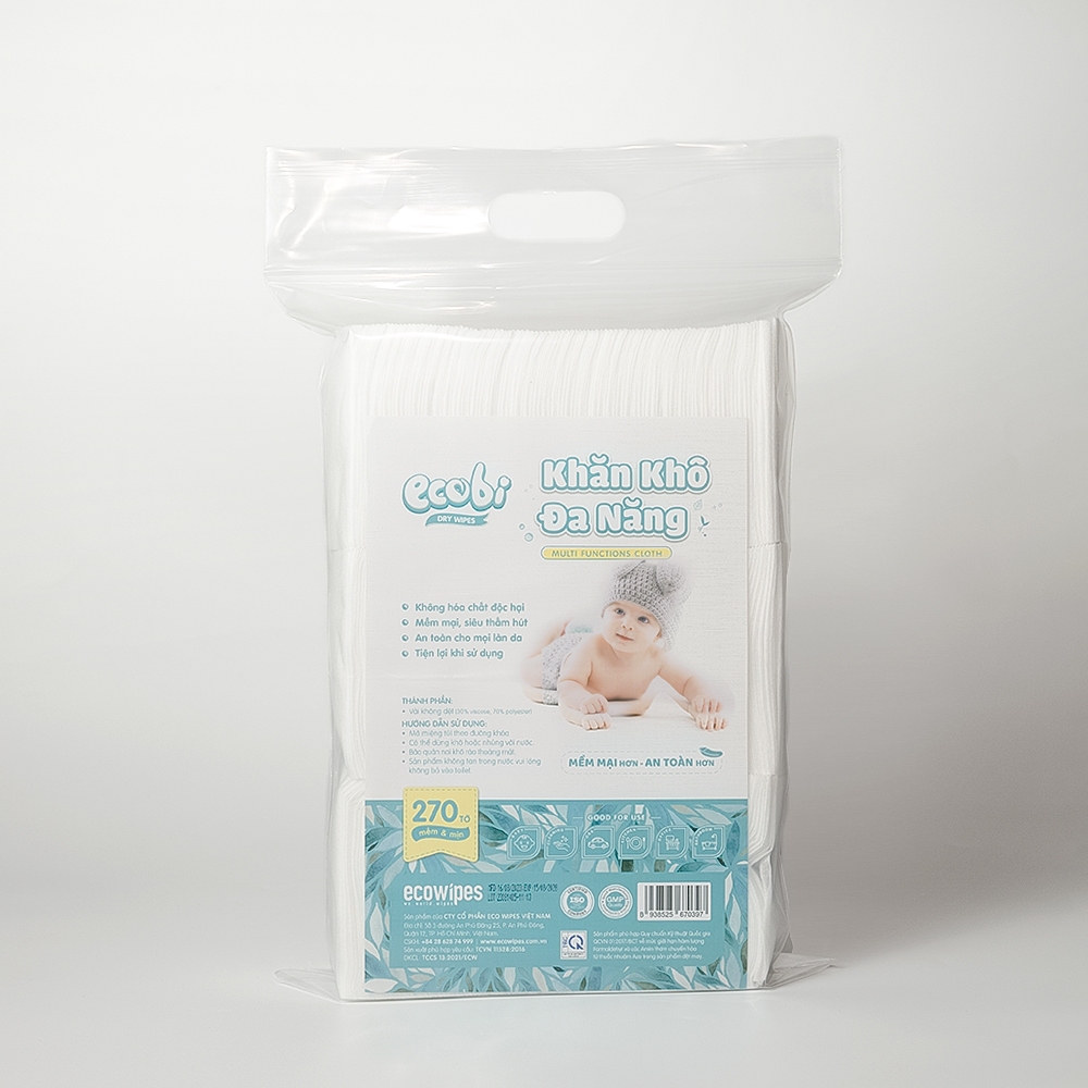 Khăn vải khô đa năng cao cấp an toàn cho bé Ecobi túi 270 tờ 345g siêu tiết kiệm mềm mịn dai thấm hút tốt