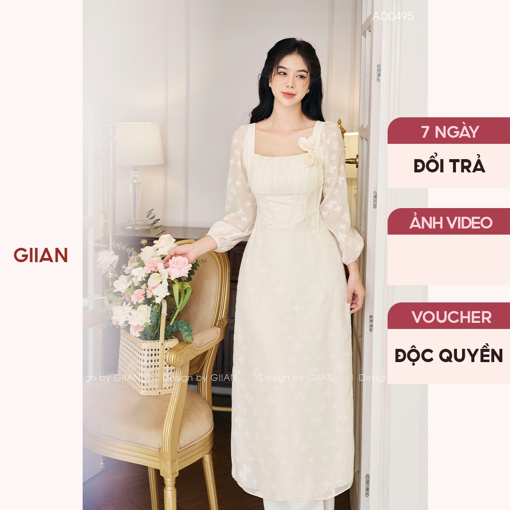 Áo dài cách tân nữ cổ vuông gắn hoa dáng tay dài thiết kế eo form corset chính hãng Giian - AD0495