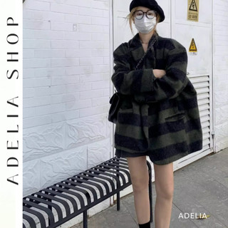 「adelia」áo khoác dạ dáng rộng kẻ caro có đệm vai hàng quảng châu td182