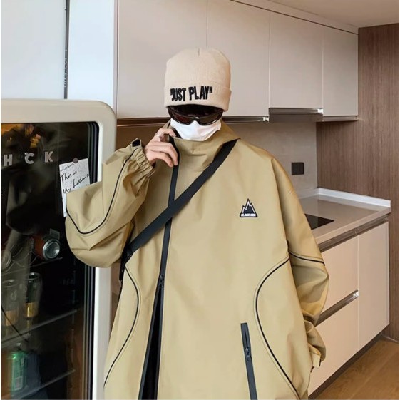 Áo khoác gió 2 lớp, có mũ và khóa zip Unisex, KHÓA CHÉO, chống nước, có túi trong, chống bụi Ulzzang phong cách Hàn Quốc