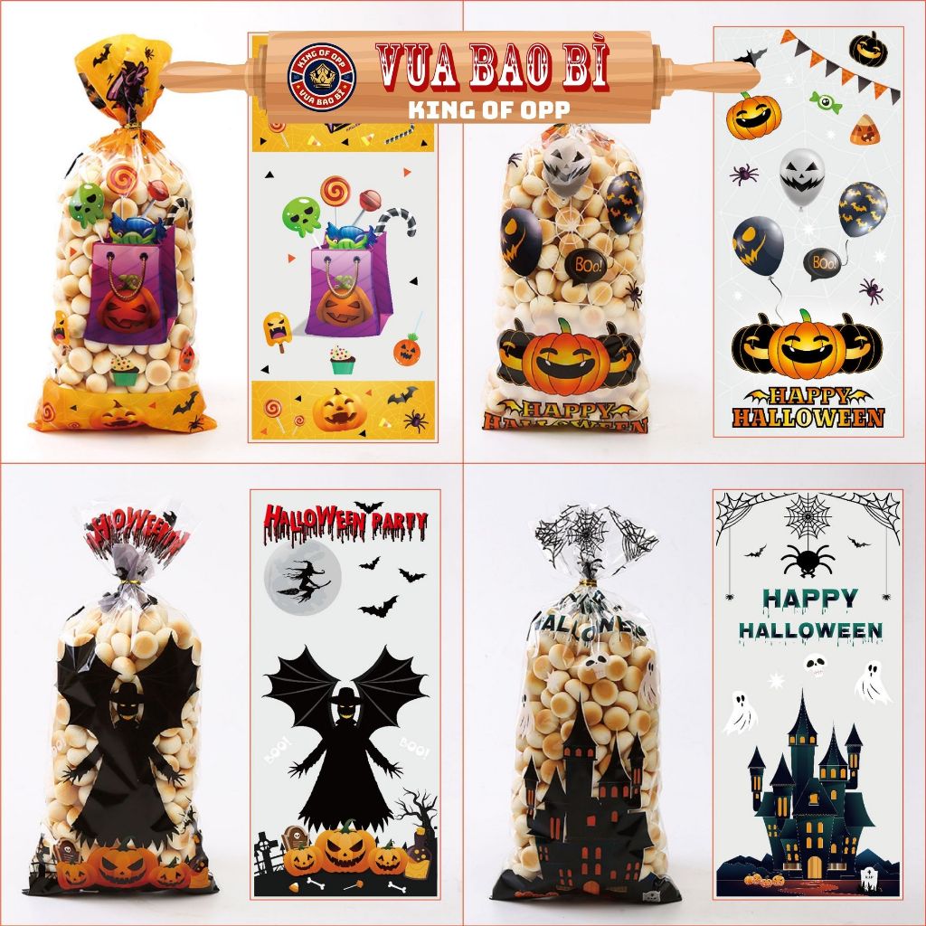 Túi đựng bánh/kẹo, đựng quà Halloween,13*27, 50 túi/sp (có dây buộc) - VUA BAO BÌ