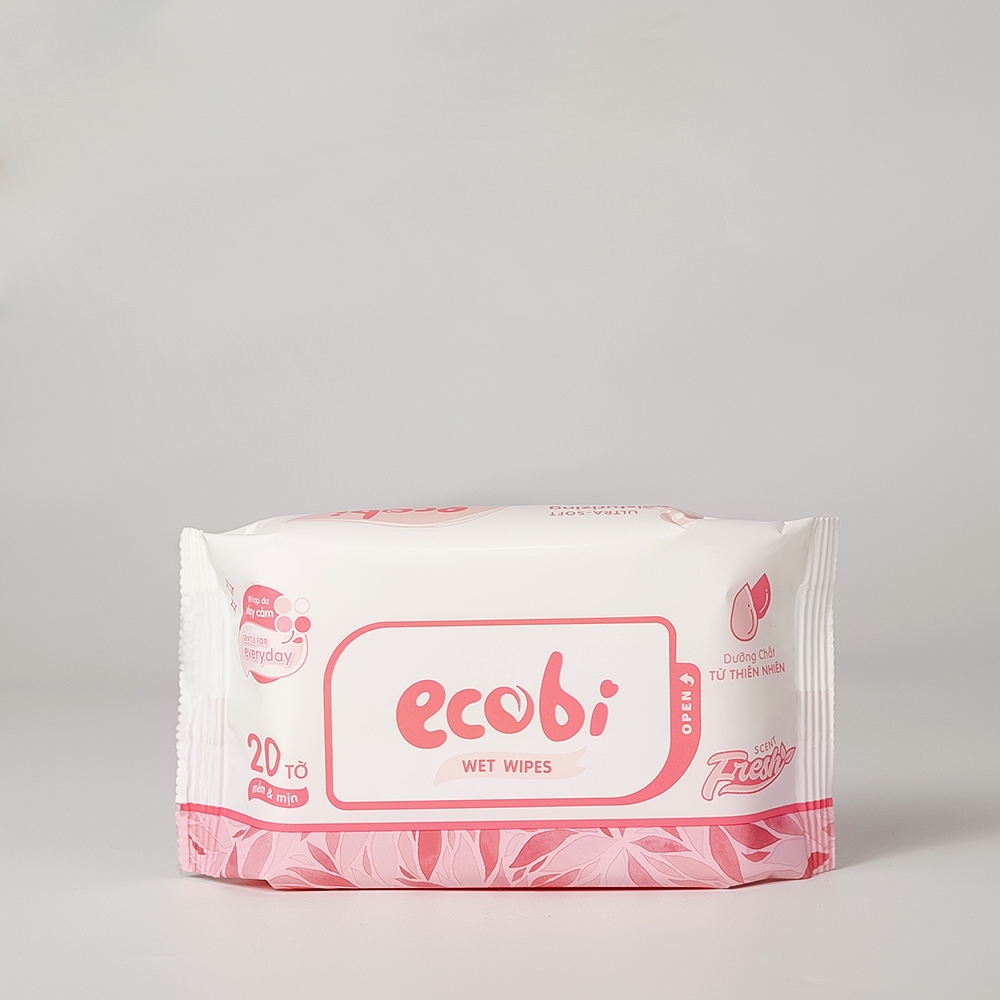 Combo 05 gói khăn giấy ướt cho bé Ecobi gói 20 tờ Hương Dịu Nhẹ không cồn không paraben an toàn cho da của bé