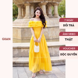 Váy đi biển dáng dài trễ vai thiết kế phối bèo dập li, đầm maxi hở lưng xếp tầng chính hãng GIIAN - VA0078