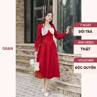 Váy dáng dài sang chảnh cổ vuông, đầm dự tiệc đỏ đính ngọc nhung tăm thiết kế nhún ngực nơ chính hãng Giian - VA0100