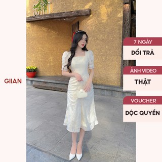 Váy đuôi cá dáng dài tay bồng in hoa nổi đi dự tiệc cổ vuông nhún eo chính hãng Giian - VA0103