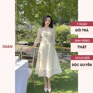 Váy dự tiệc dáng dài sang chảnh ren thiết kế cổ V đính hoa phối tay tơ chính hãng Giian - VA0105