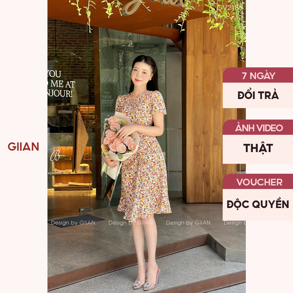 Váy hoa nhí dáng dài tay bồng thiết kế cổ v tay bồng cách điệu phối nhún eo thương hiệu Giian - VA0115VK