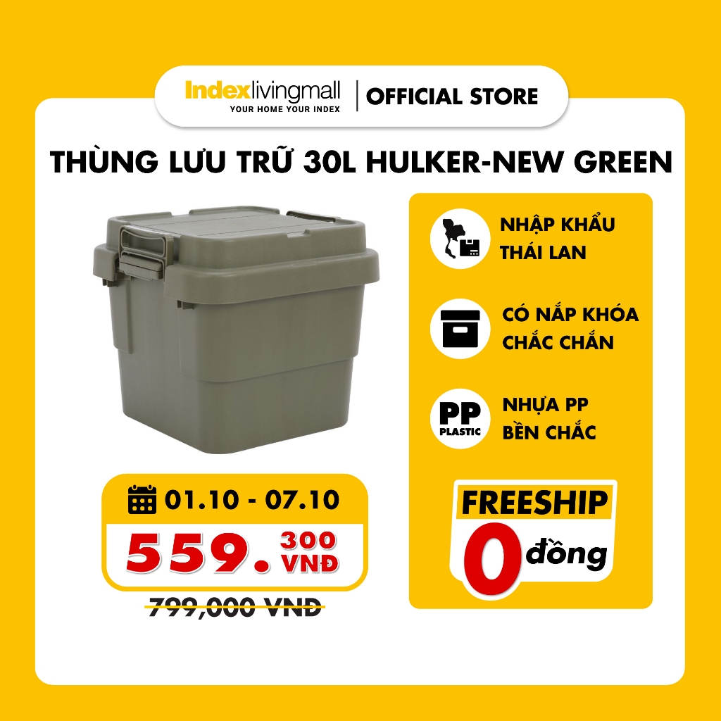 Thùng Lưu Trữ Đa Năng Có Nắp 30L bằng nhựa PP cao cấp HULKER-NEW màu xanh quân đội Index Living Mall