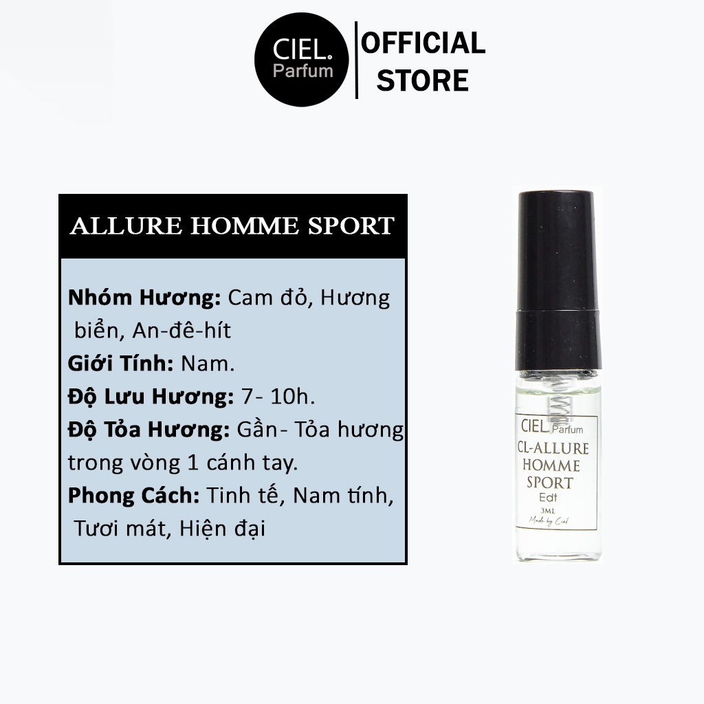 Nước hoa nam cao cấp CL ALLURE HOMME SPORT Edt chính hãng CIEL Parfum phong cách Tinh tế, Nam tính, Tươi mát, Hiện đại