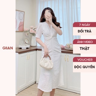 Váy trắng dáng dài đuôi cá thiết tay bồng phối nhún ngực cách điệu thương hiệu Giian - VA0147TR