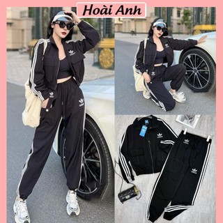 Set bộ đồ thể thao nữ adidass áo khoác thêu logo ngực 2 túi chun gấu mix quần jogger dáng dài freesize