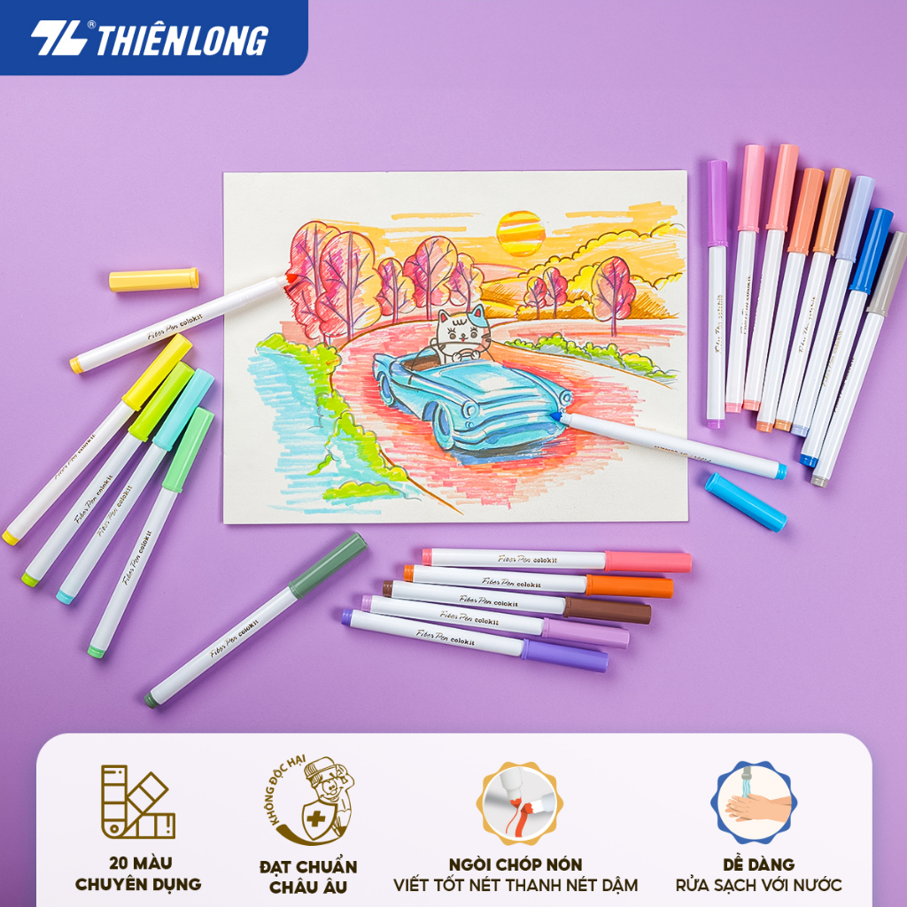 Bút lông màu Fiber Pen Thiên Long Colokit 20/36 màu Basic/Pastel/Retro - Màu rửa được, mực an toàn tiêu chuẩn Châu Âu