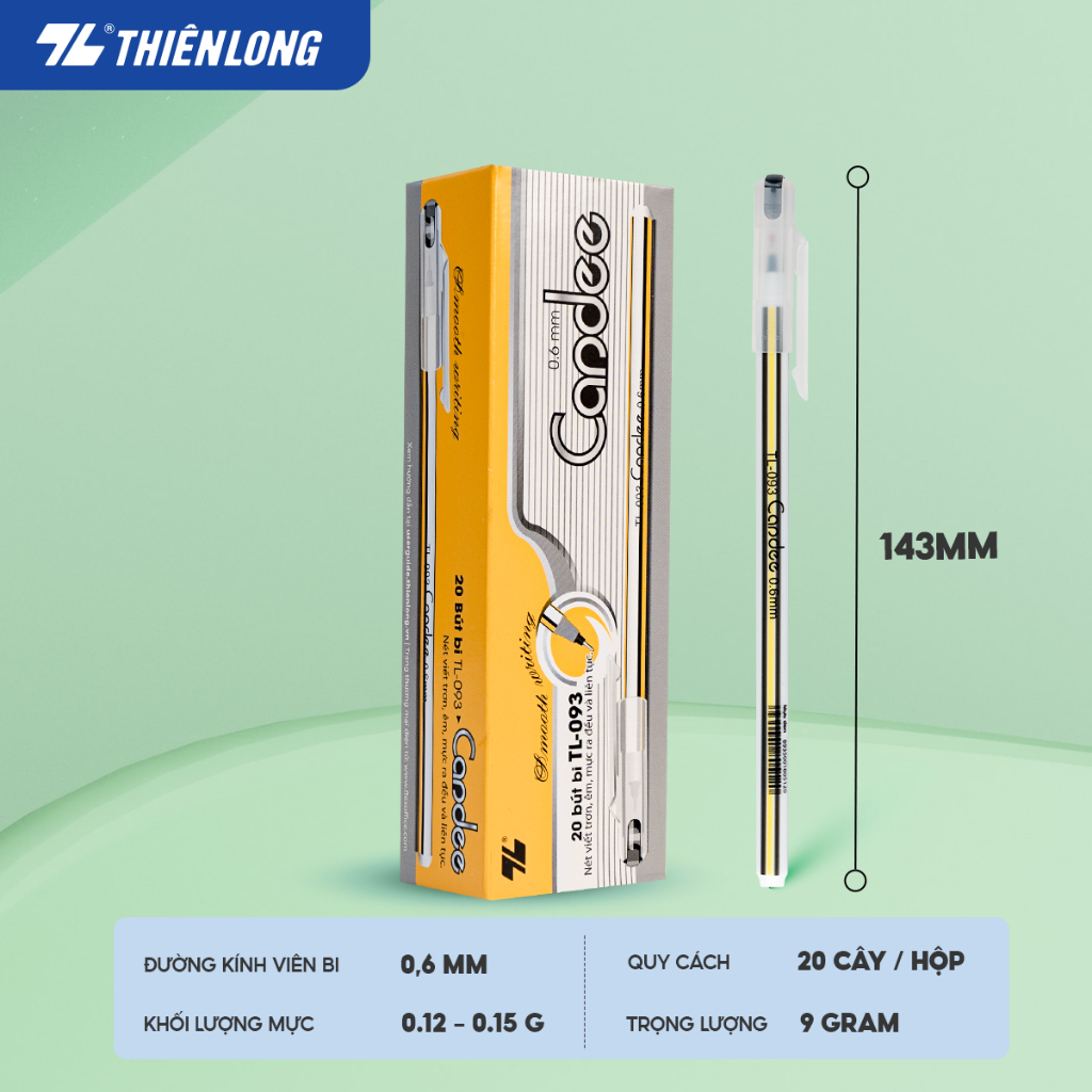 Bút bi Thiên Long hộp 20 bút TL-093 ngòi 0,6mm 3 màu mực xanh đỏ đen