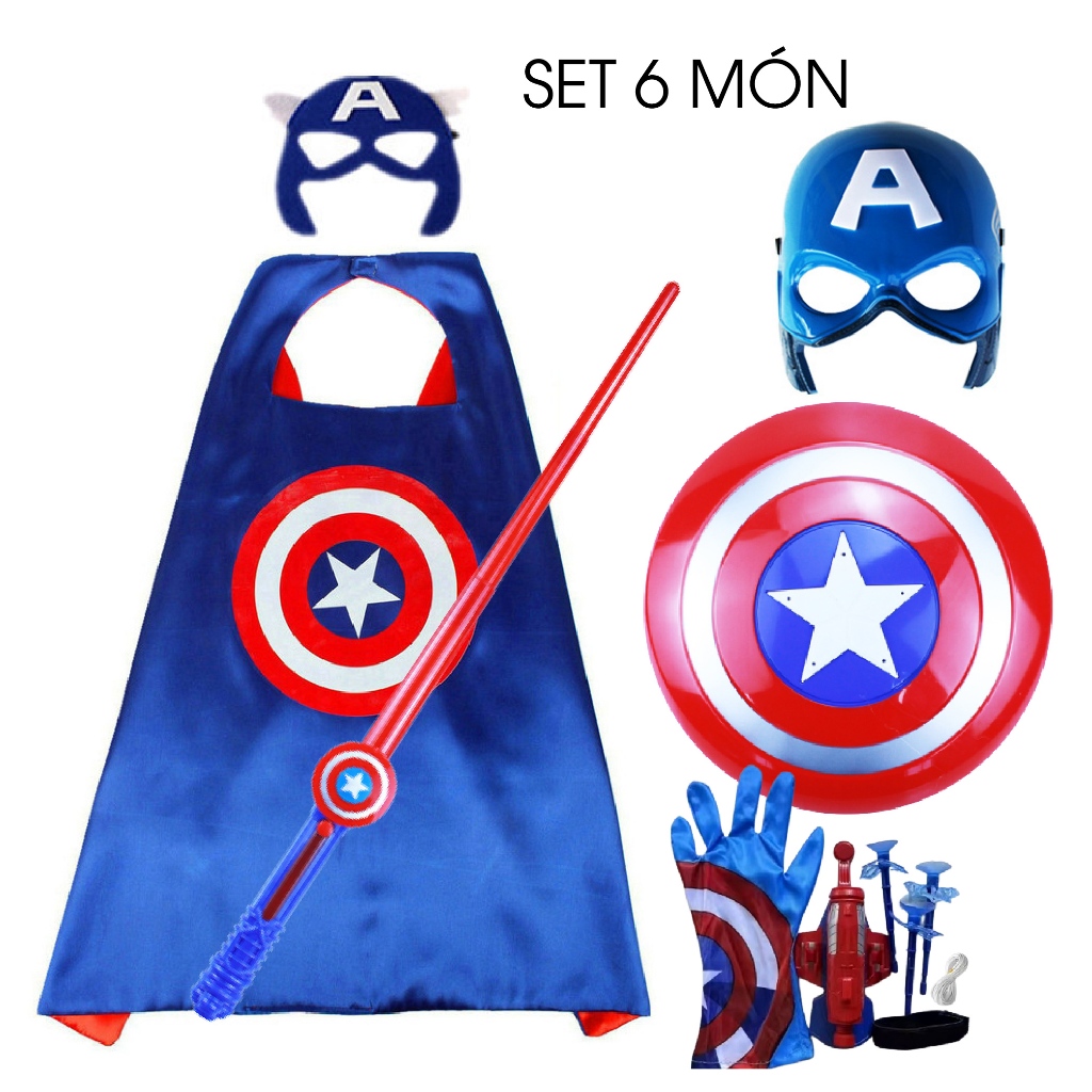 Bộ Áo Choàng Mặt Nạ Siêu Nhân Đội Trưởng Mỹ Captain America Gồm Mặt Nạ Khiên Gậy Ánh Sáng - Hóa Trang Siêu Nhân