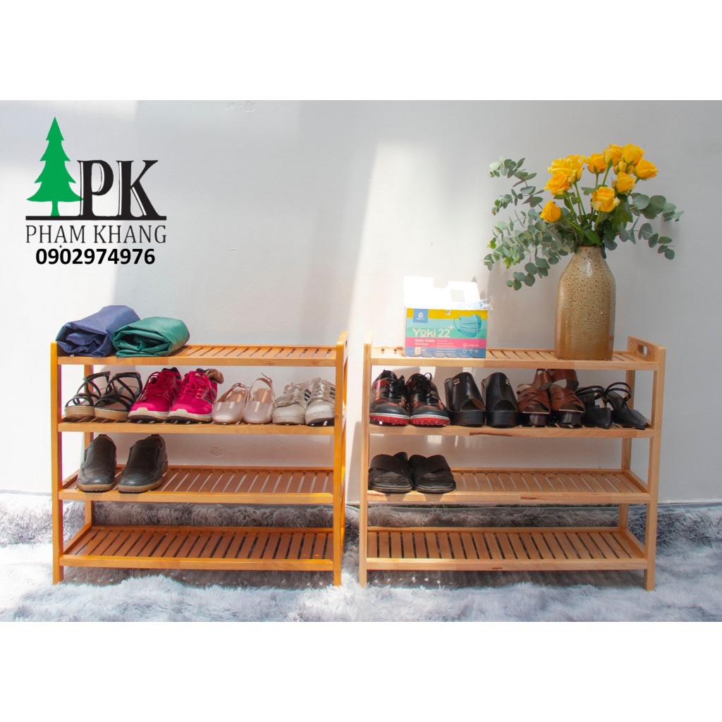 Kệ giày dép gỗ 4 tầng Phạm Khang - Gỗ cao su tự nhiên màu Tự Nhiên/ Vàng Cherry - Kích thước rộng 64 cm/ 70 cm