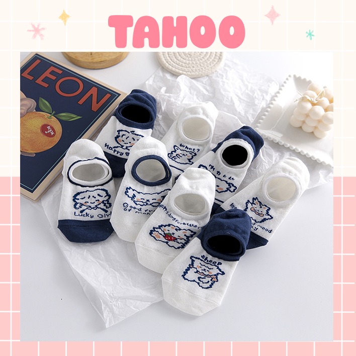 Tất vớ nữ cổ ngắn - Combo tất vớ lười nửa bàn chân trắng xanh hoạ tiết hoạt hình phong cách Hàn Quốc dễ thương