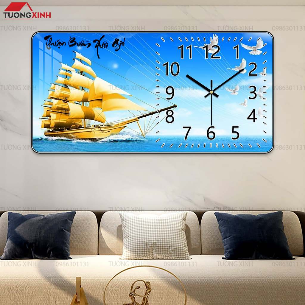 Tranh tráng gương đồng hồ mã đáo, thuận buồm, hươi vàng mẫu hiện đại quà tặng treo phòng khách/ phòng ngủ T94