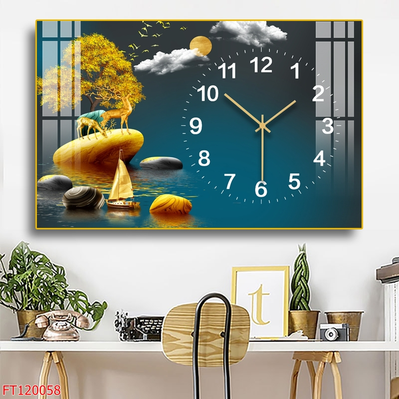 Tranh tráng gương đồng hồ mã đáo, thuận buồm, hươi vàng mẫu hiện đại quà tặng treo phòng khách/ phòng ngủ T94