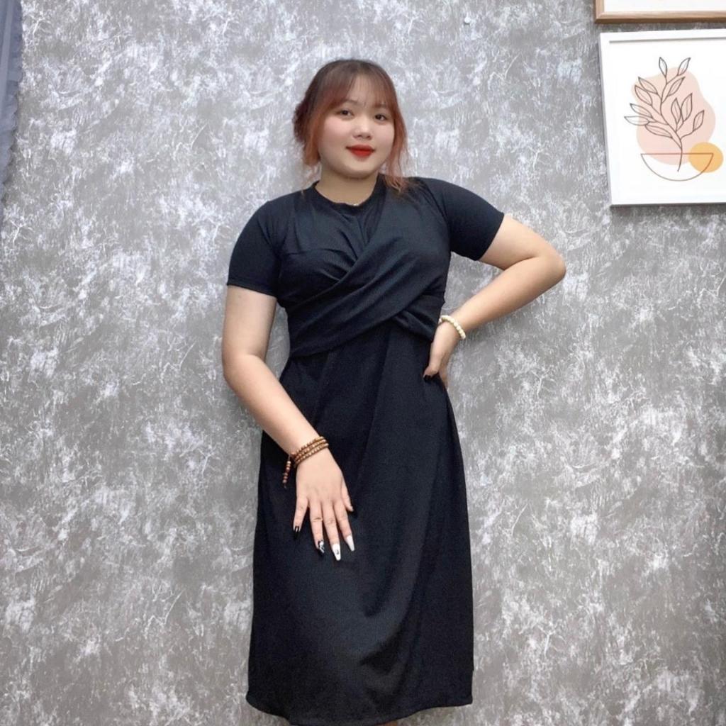 Đầm váy bigsize nữ,đầm bo eo ngắn tay ôm body dáng dài xéo ngực tạo form, đầm suông ôm chất gân tăm co giãn nữ 60-95kG76