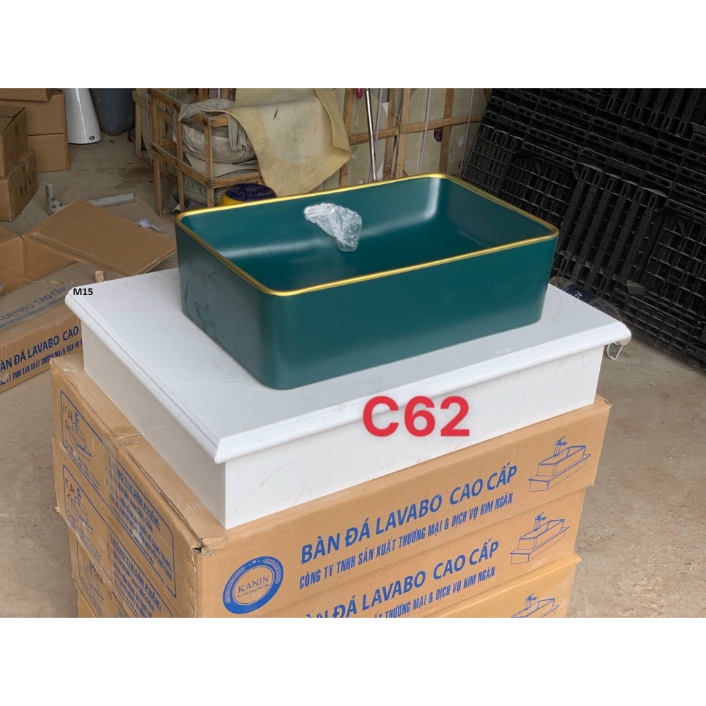 Lavabo nhà tắm xanh viền vàng-lavabo cao cấp