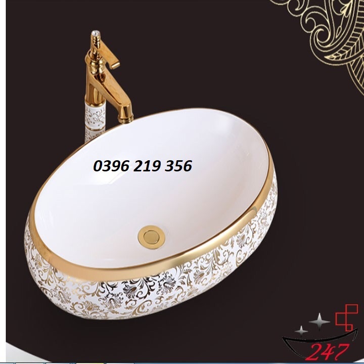 Lavabo dương bàn nhà tắm trắng hoa văn vàng-lavabo