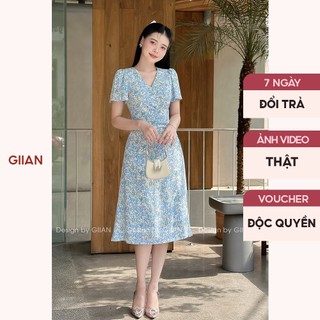 Váy xanh dương dự tiệc tay bồng thiết kế cổ V xếp nếp eo chính hãng Giian - VA0342