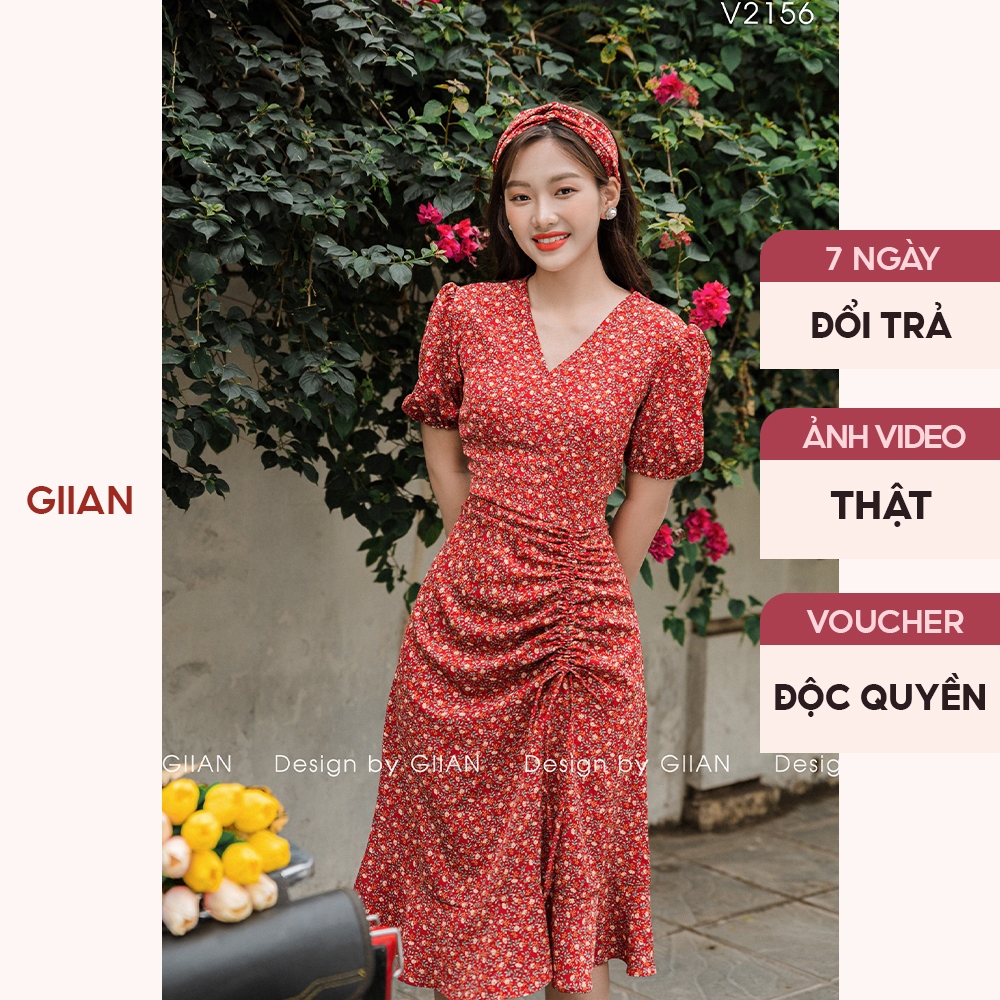 Váy hoa nhí dáng dài vintage đi biển phối tay bồng nhún eo thương hiệu Giian - VA0115DK