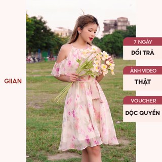 Váy xòe trễ vai cổ yếm họa tiết hoa in thiết kê nơ eo thương hiệu Giian - VA0304