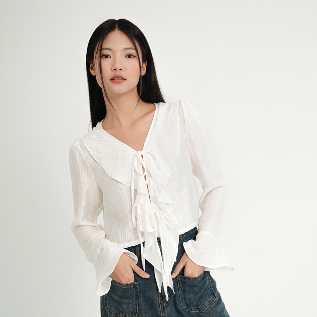 BLEUBIRD Áo rúm bèo buộc dây Ruffle Shirt