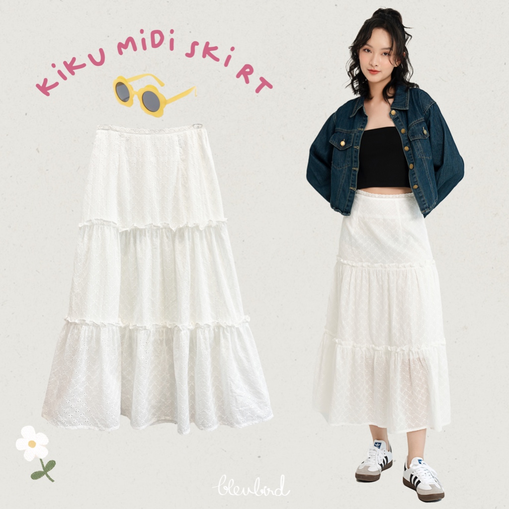 BLEUBIRD Chân váy dài rúm xòe phối cạp ren Kiku Midi Skirt