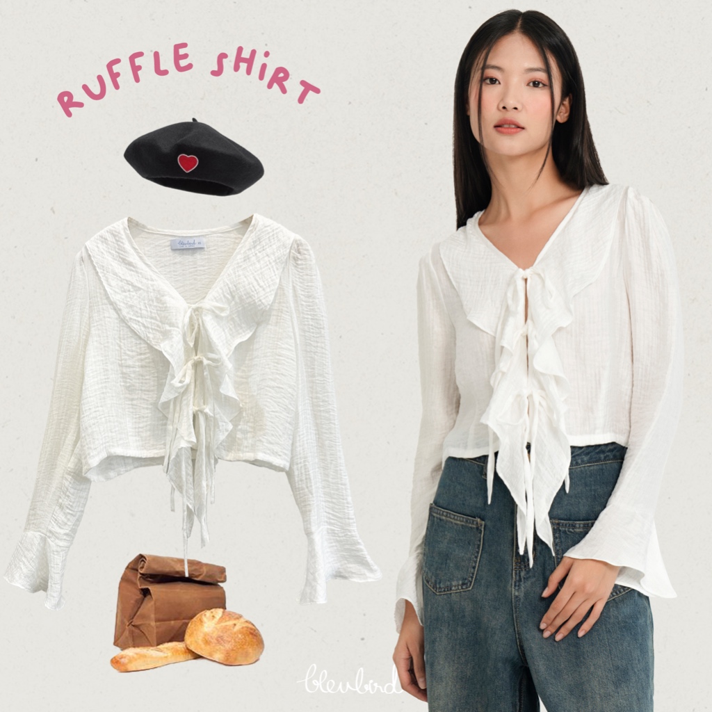 BLEUBIRD Áo rúm bèo buộc dây Ruffle Shirt